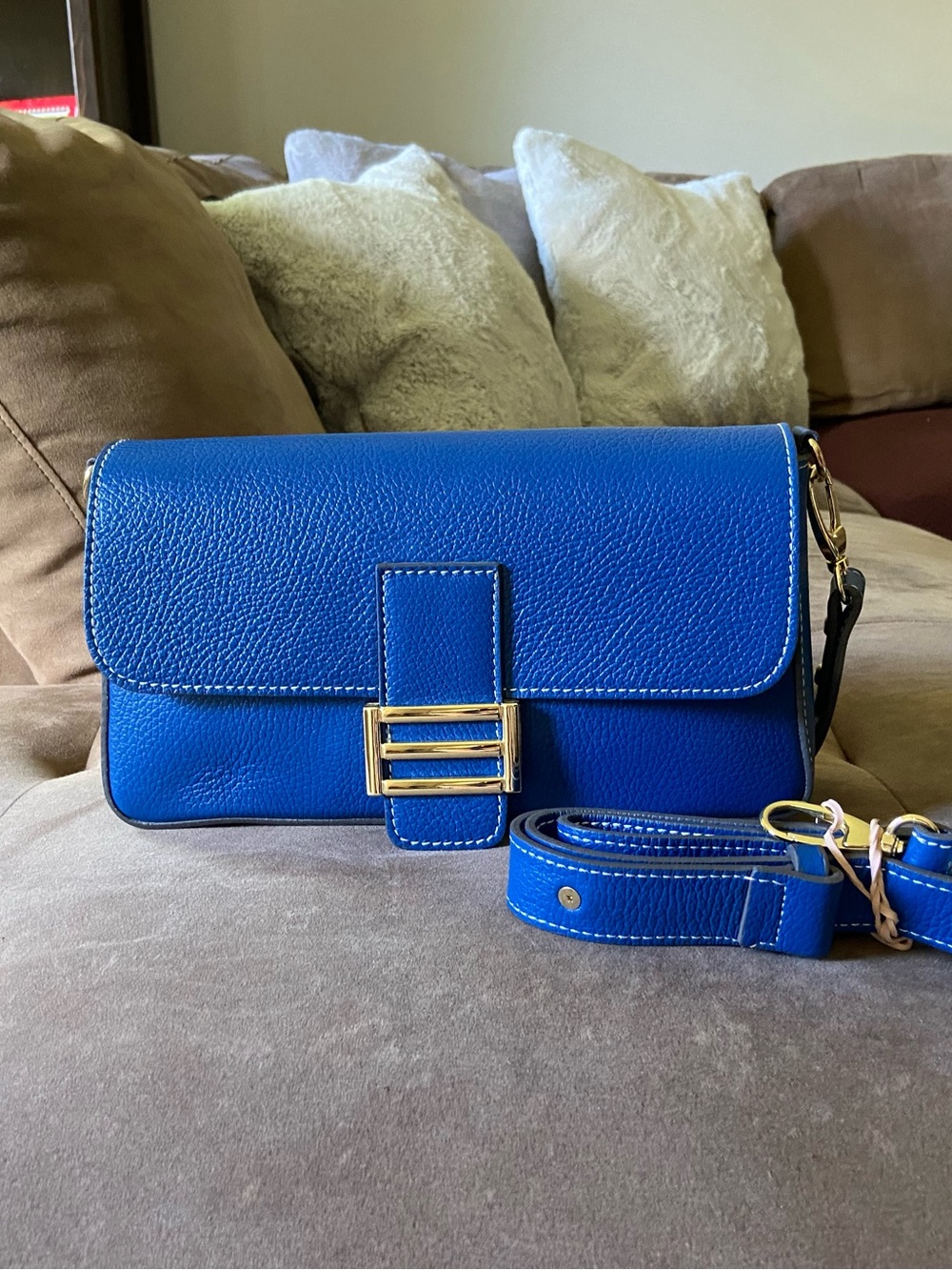 Divina Firenze Royal Blue Pebbled Leather Crossbody Bag with Gold Hardware